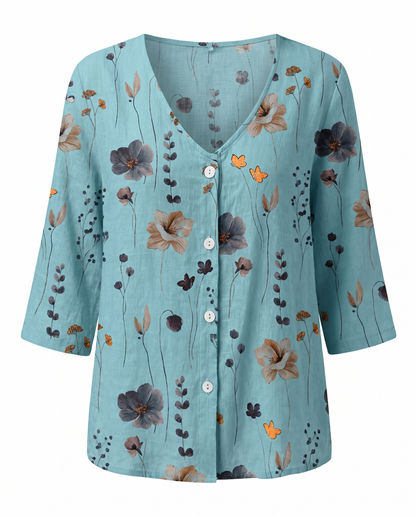 Clotilde | Floral V-Neck Three-Quarter Sleeve Blouse