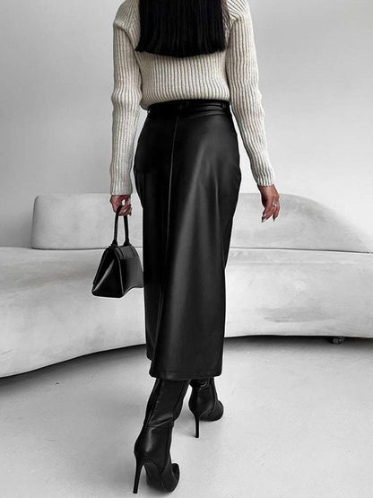 Rhea | Coated Front Slit Midi Skirt
