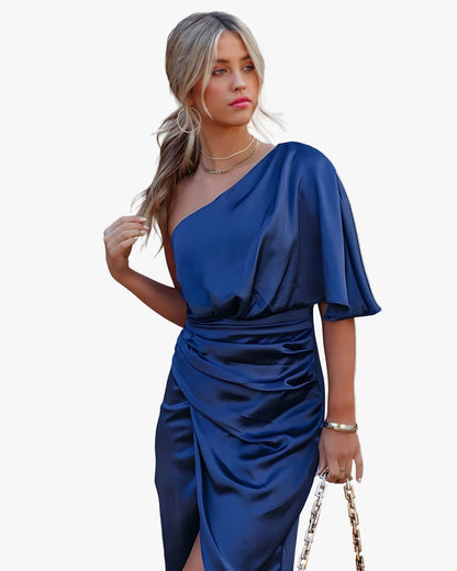 Cybil | One-Shoulder Satin Wrap Midi Dress