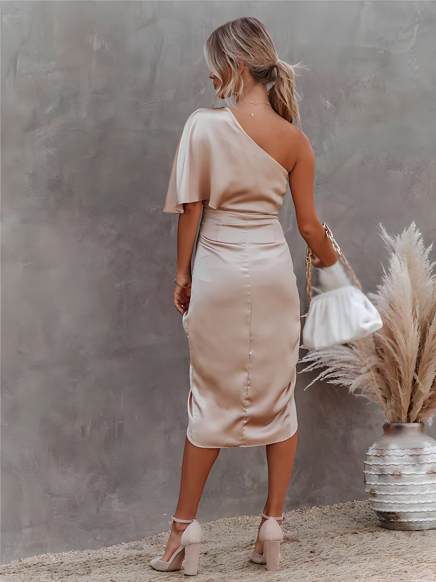Cybil | One-Shoulder Satin Wrap Midi Dress