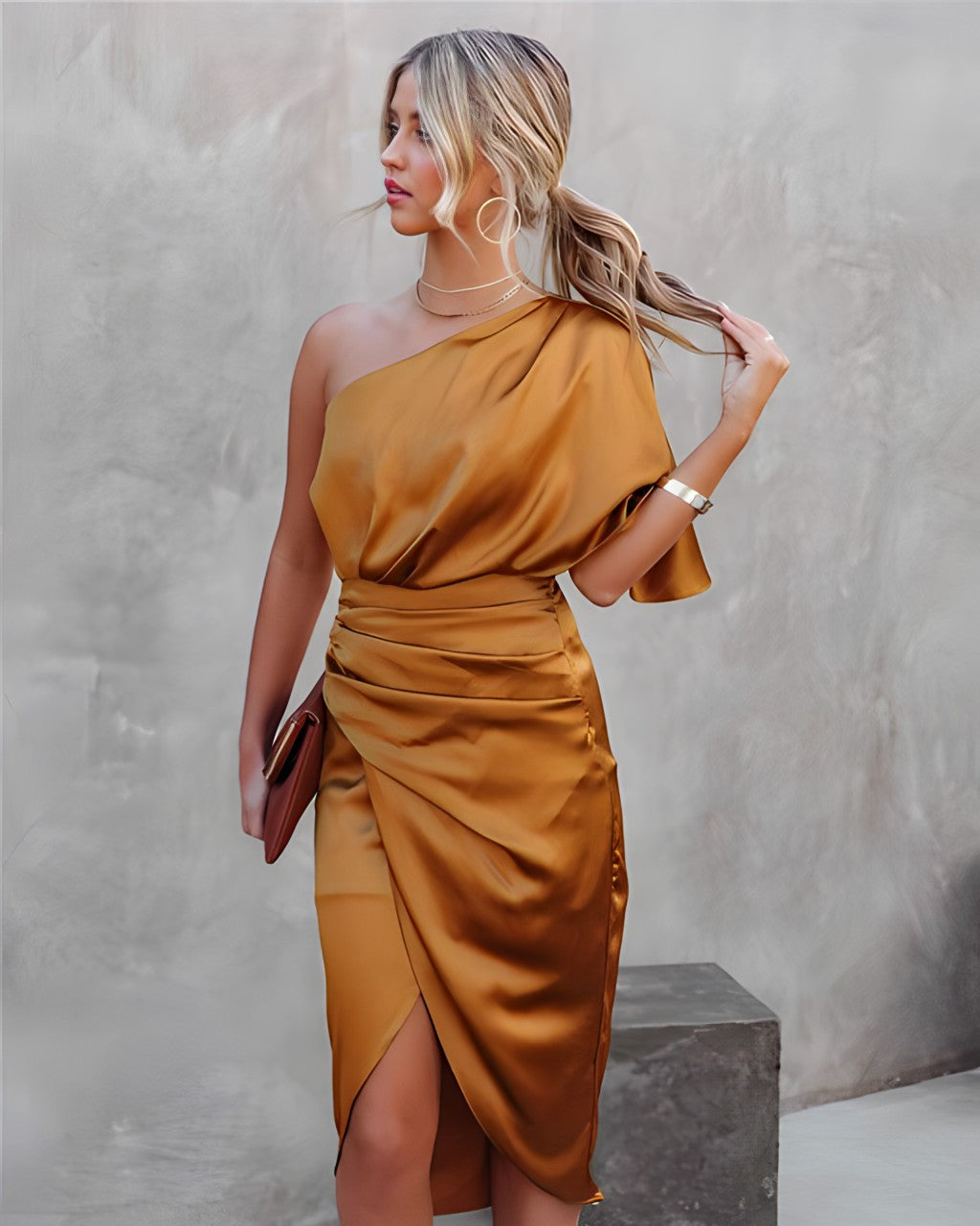 Cybil | One-Shoulder Satin Wrap Midi Dress