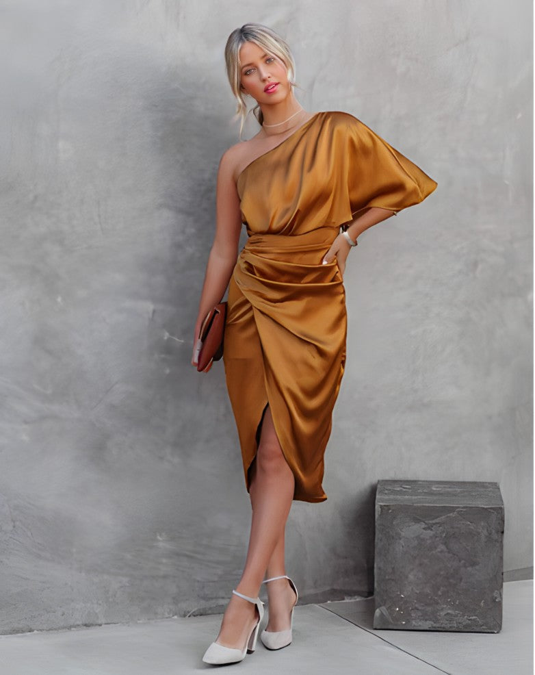 Cybil | One-Shoulder Satin Wrap Midi Dress