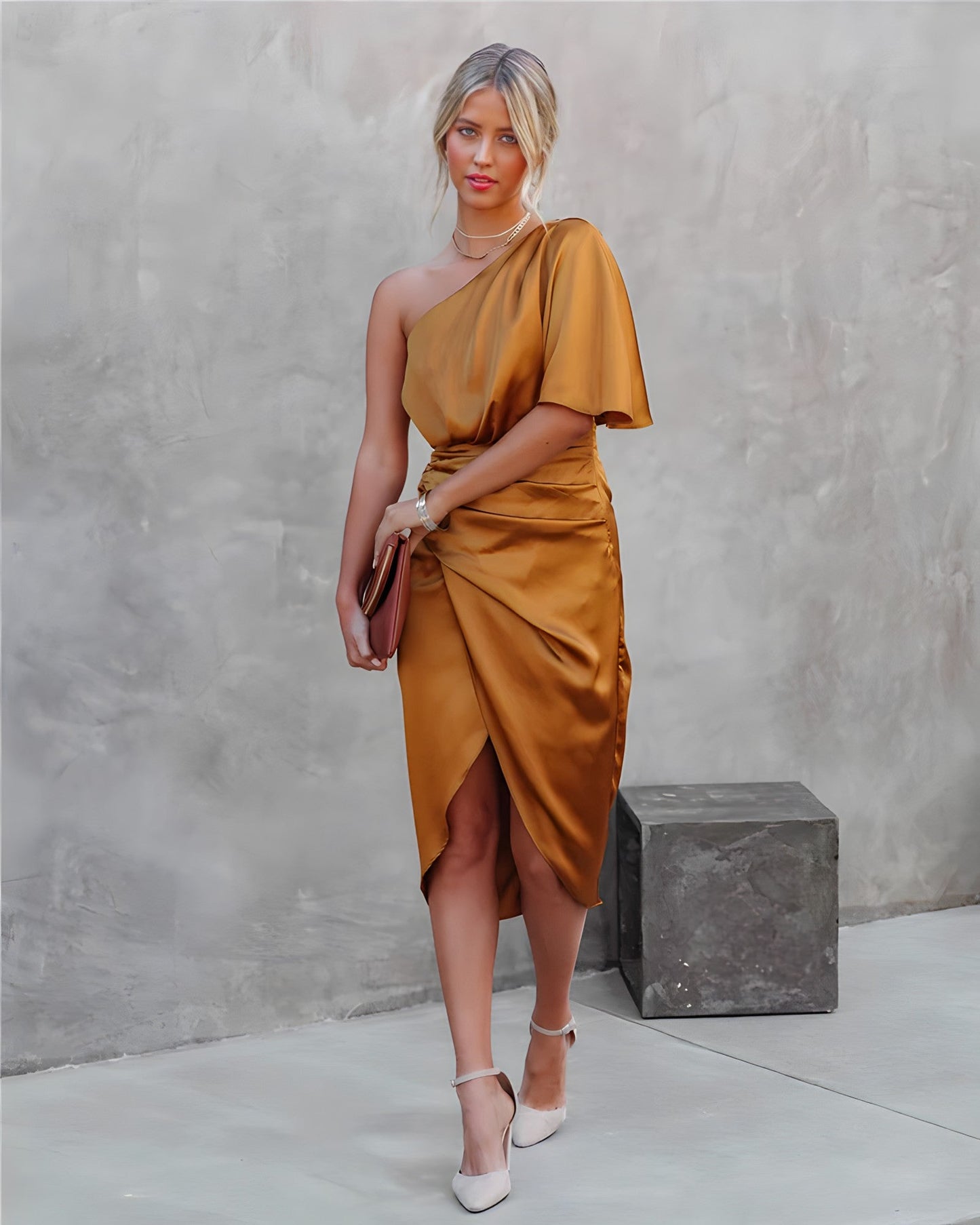 Cybil | One-Shoulder Satin Wrap Midi Dress