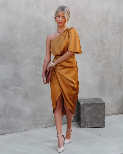 Cybil | One-Shoulder Satin Wrap Midi Dress