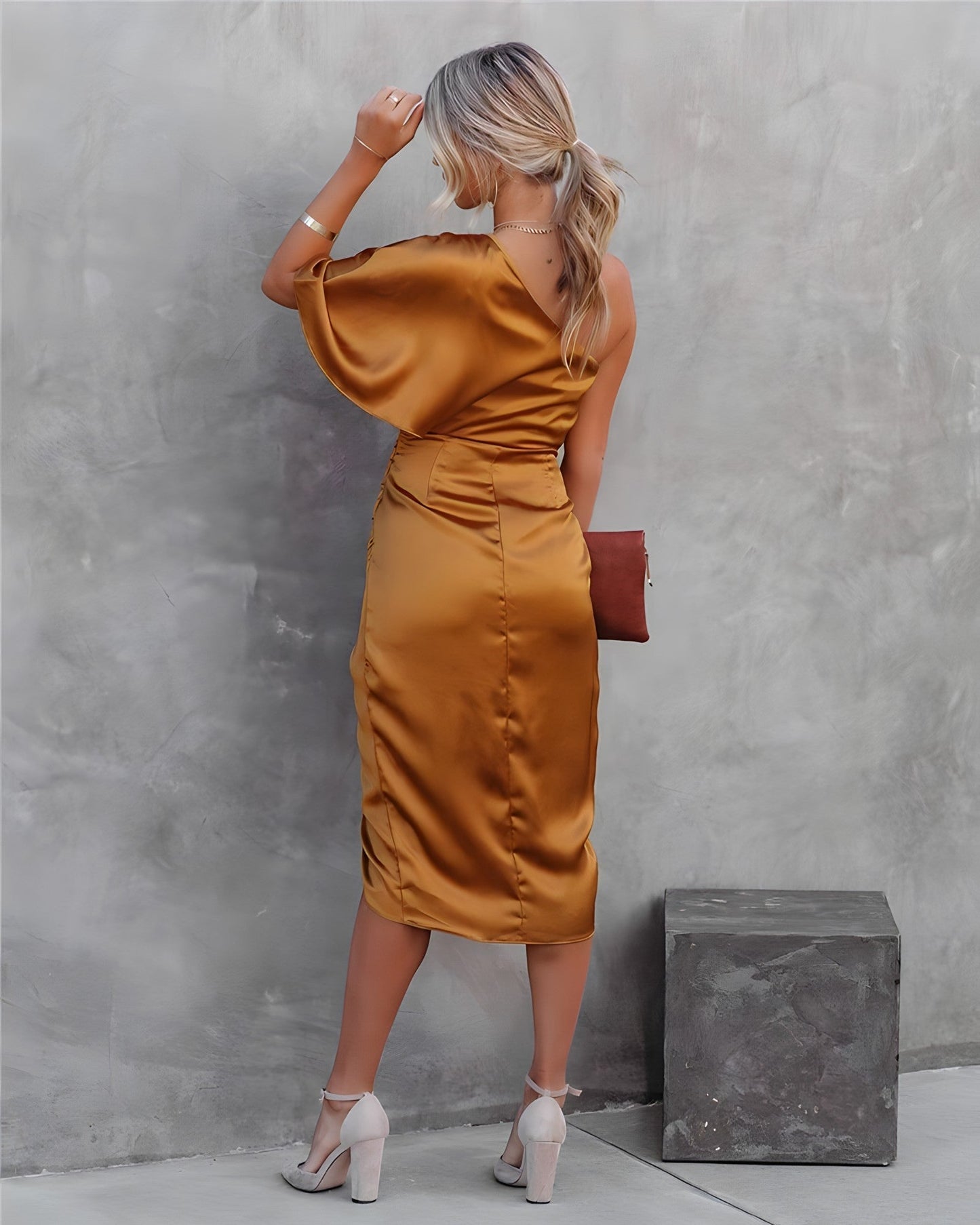 Cybil | One-Shoulder Satin Wrap Midi Dress