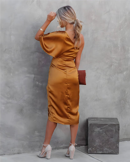 Cybil | One-Shoulder Satin Wrap Midi Dress