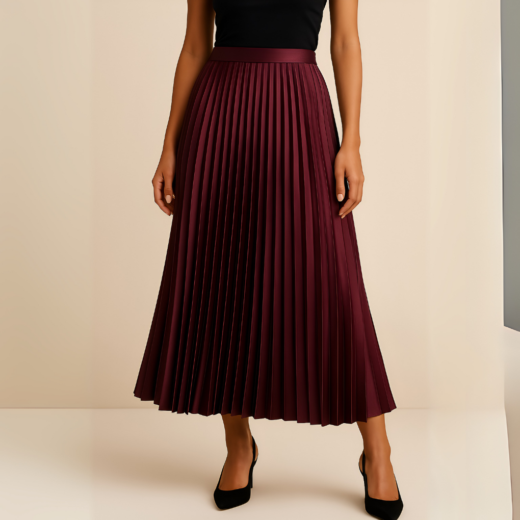 Senta | High-Waist Pleated Satin Midi Skirt
