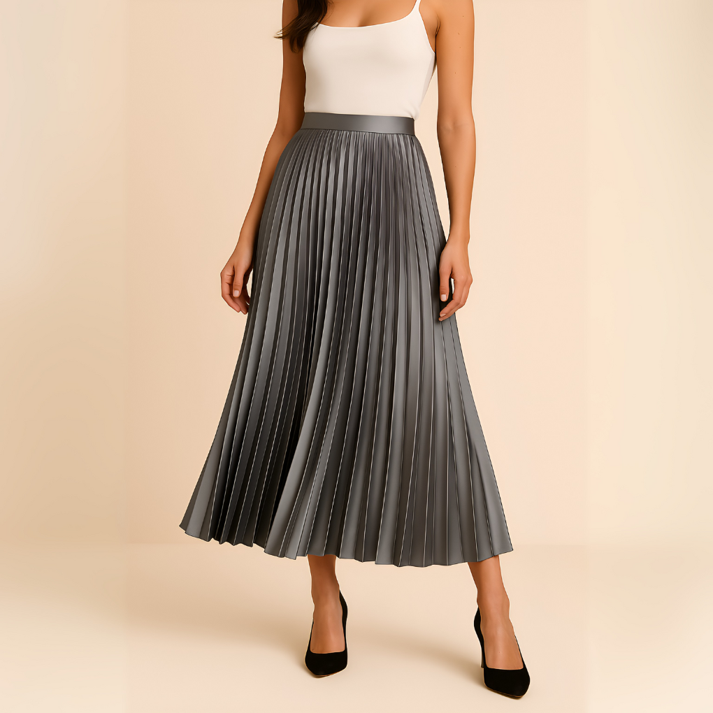 Senta | High-Waist Pleated Satin Midi Skirt