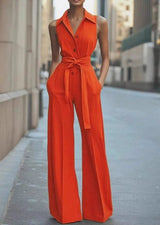 Harper | Women's Sleeveless Belted Wide-Leg Button-Front Jumpsuit