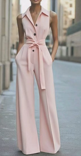 Harper | Women's Sleeveless Belted Wide-Leg Button-Front Jumpsuit