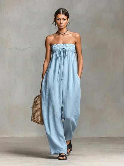 Grace | Women's Strapless Loose-Fit Linen Blend Wide-Leg Jumpsuit
