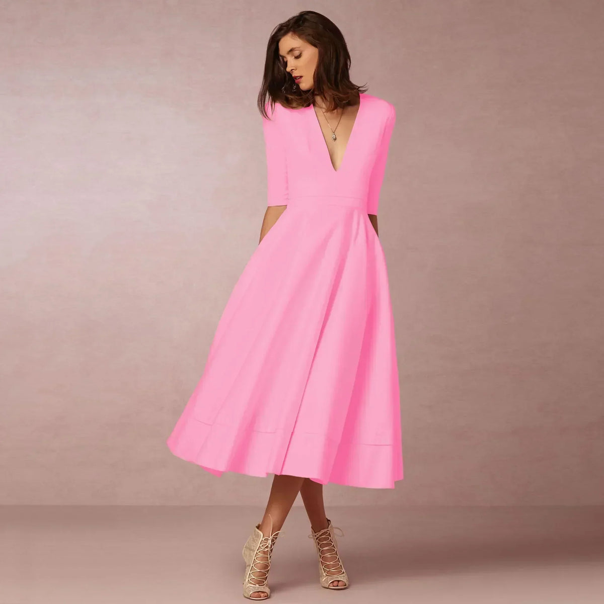 Ottilia | V-Neck Woven Pleated Midi Dress