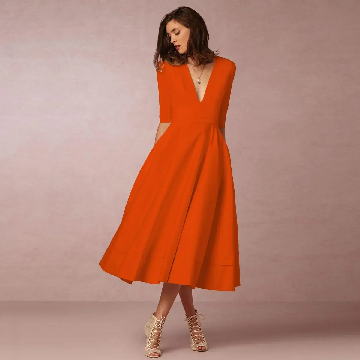 Ottilia | V-Neck Woven Pleated Midi Dress