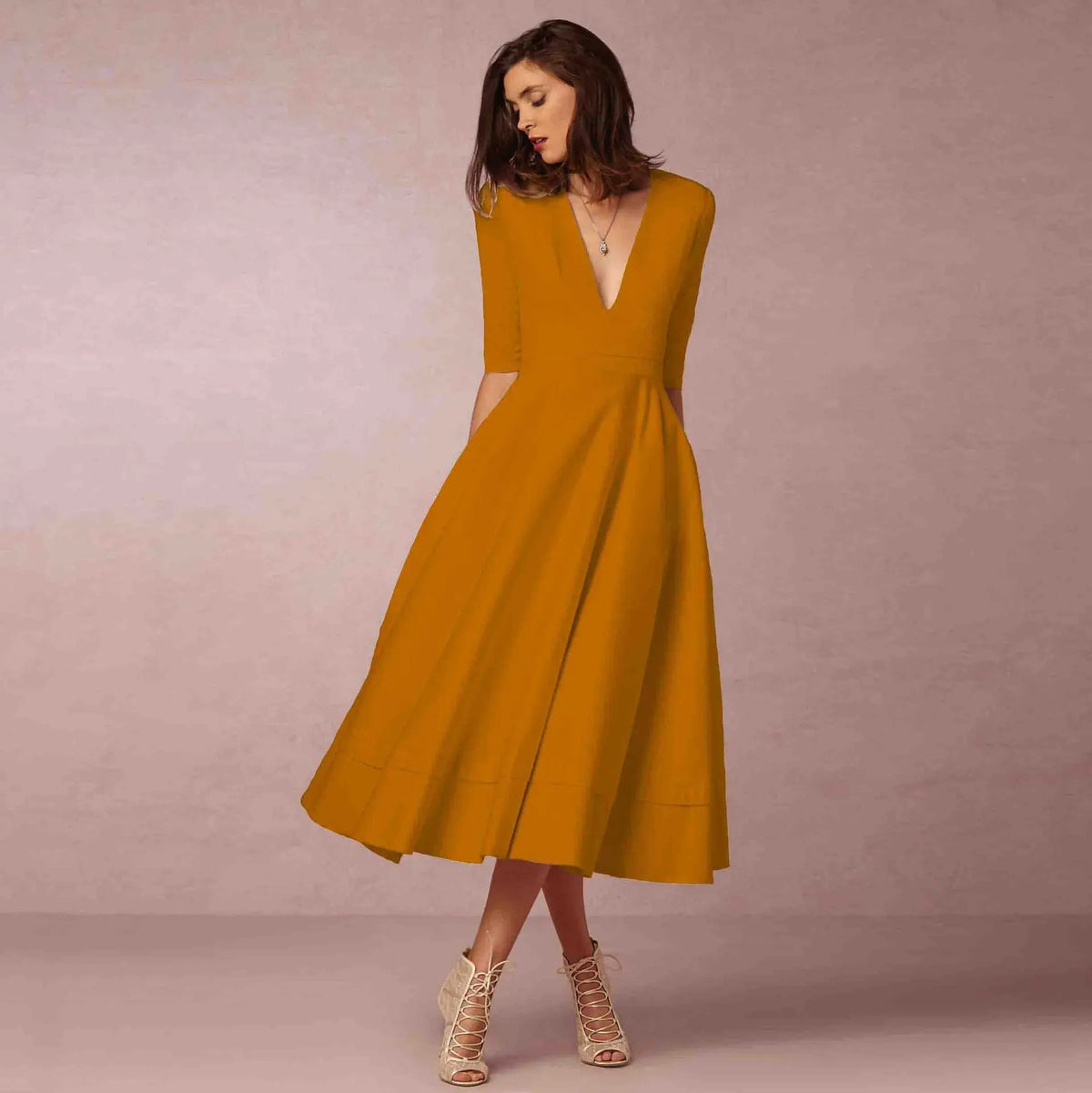Ottilia | V-Neck Woven Pleated Midi Dress