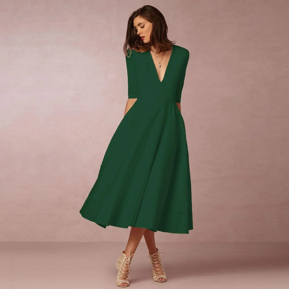 Ottilia | V-Neck Woven Pleated Midi Dress