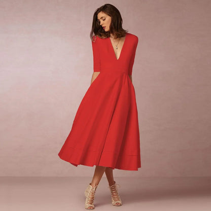 Ottilia | V-Neck Woven Pleated Midi Dress