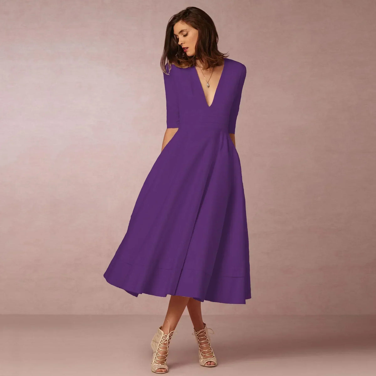 Ottilia | V-Neck Woven Pleated Midi Dress